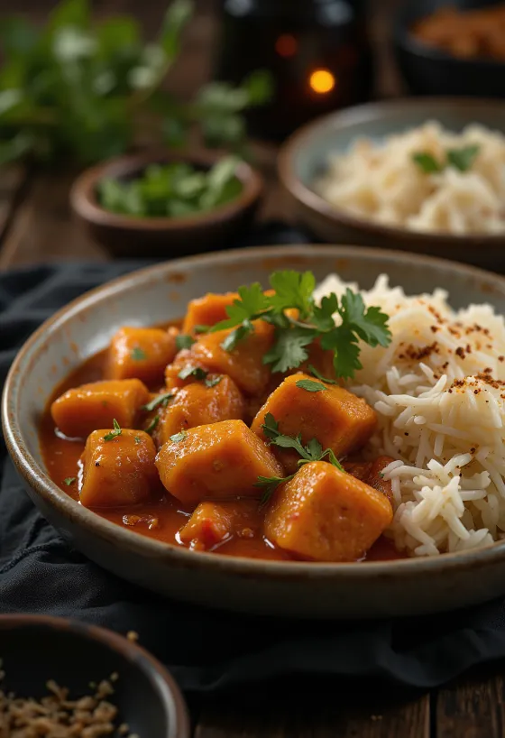 Beef Vindaloo disajikan dengan nasi dan ketumbar segar
