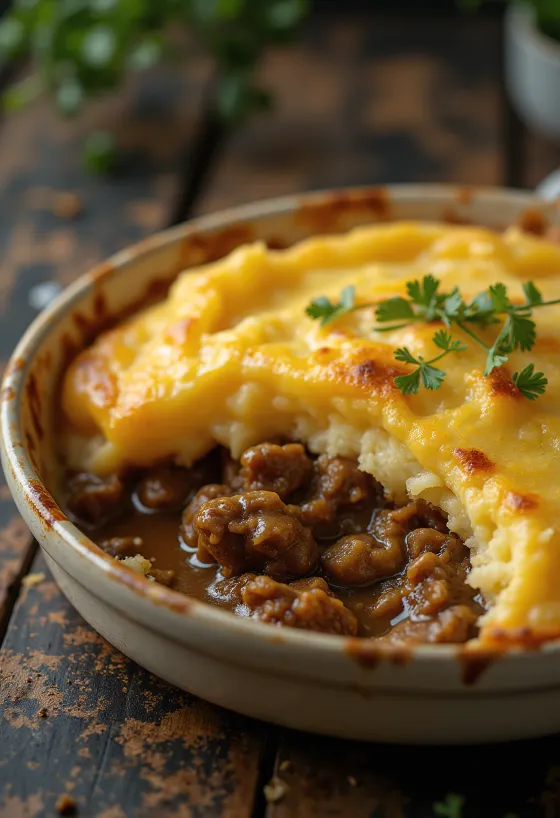 Shepherd’s pie disajikan dengan lapisan kentang tumbuk yang renyah