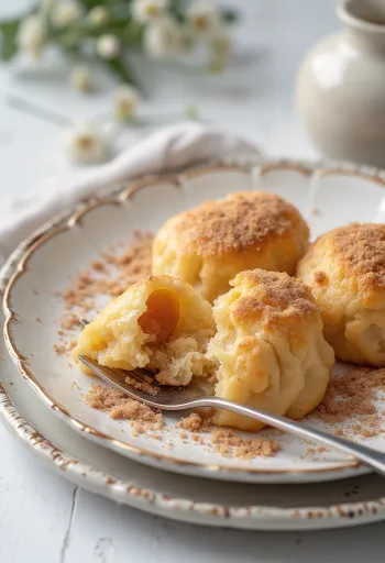 Dumpling plum segar dengan gula kayu manis dan tepung roti