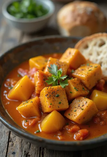 Lecso vegan dengan tahu disajikan