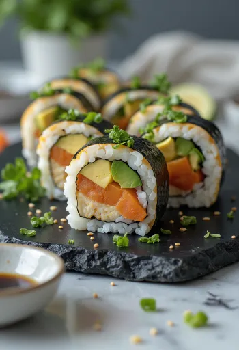 Sushi vegan dengan tahu, sayuran, dan kecap asin