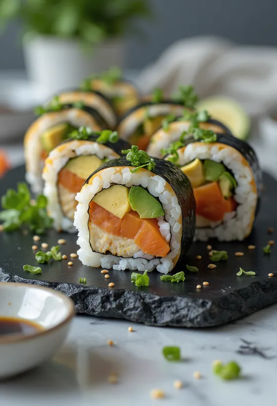 Sushi vegan dengan tahu, sayuran, dan kecap asin