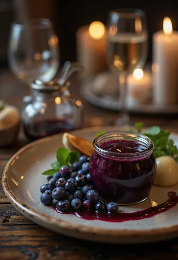 Saus cuka balsamik rosemary blueberry dalam botol dan disajikan