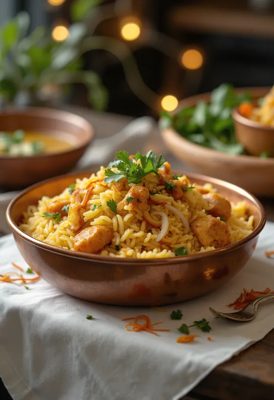Biryani dengan ayam, dihiasi ketumbar segar dan mint