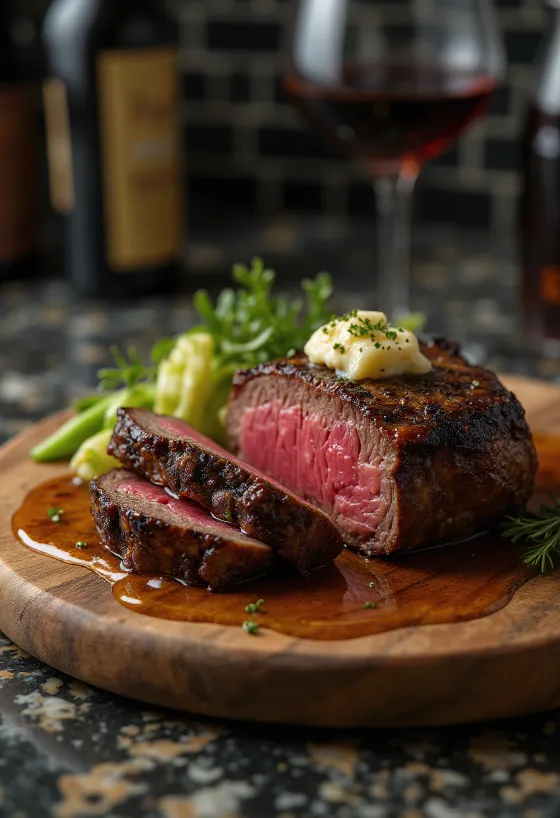 Chateaubriand steak, disajikan dengan sayuran kukus dan mentega
