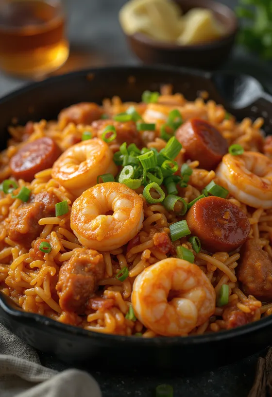 Jambalaya disajikan dengan sosis sapi dan udang