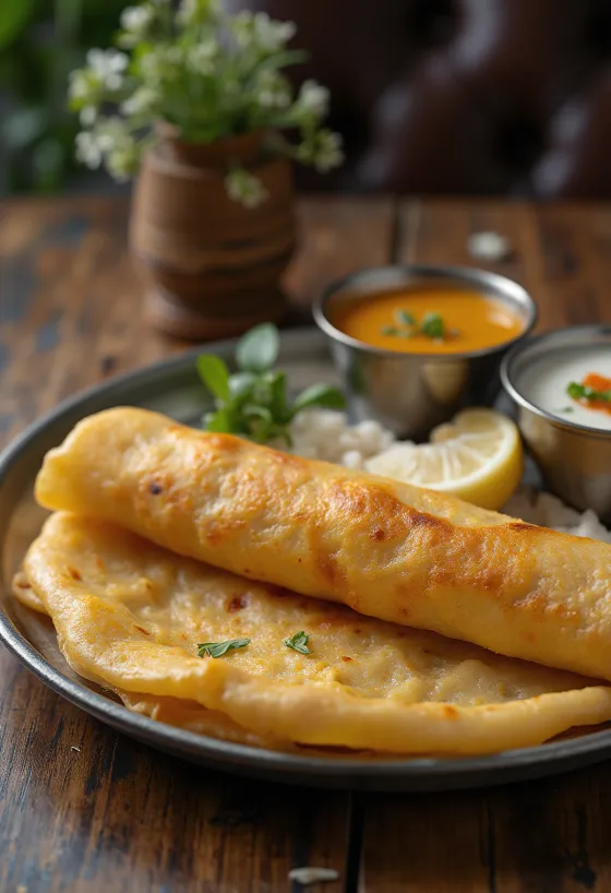 Dosa klasik digoreng renyah, disajikan dengan parutan kelapa segar