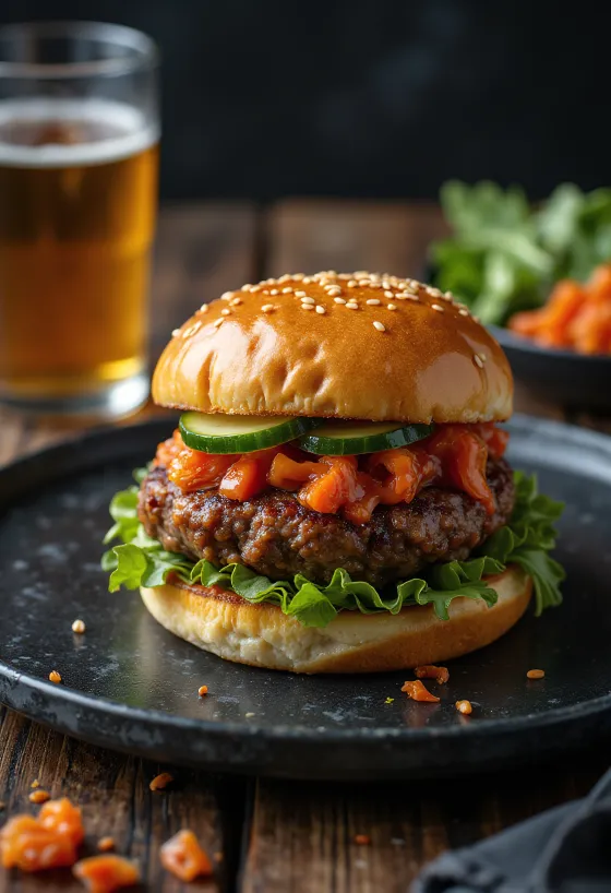 Burger Korea yang baru dibuat dengan saus gochujang dan kimchi