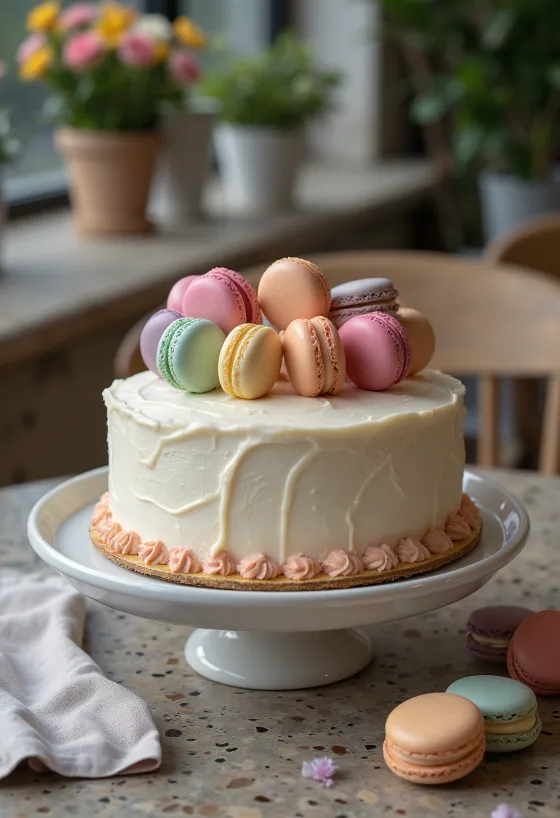 Kue hias macaron dengan macaron warna-warni