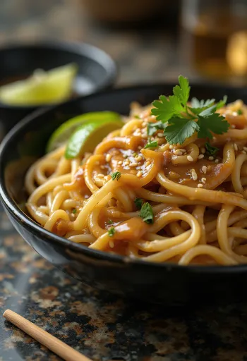 Mie beras selai kacang dihiasi dengan ketumbar dan biji wijen