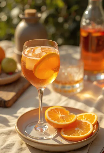 Koktail Aperol Jeruk disajikan dengan irisan jeruk dan es