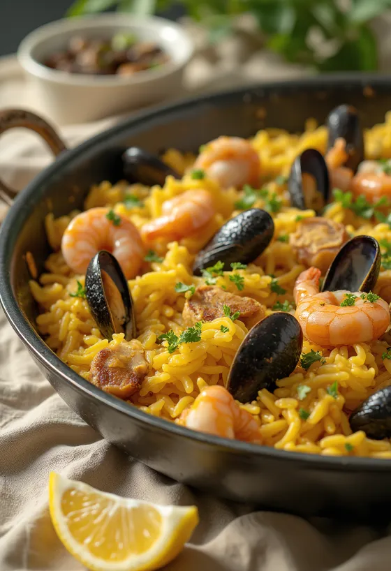 Paella seafood dan ayam disajikan