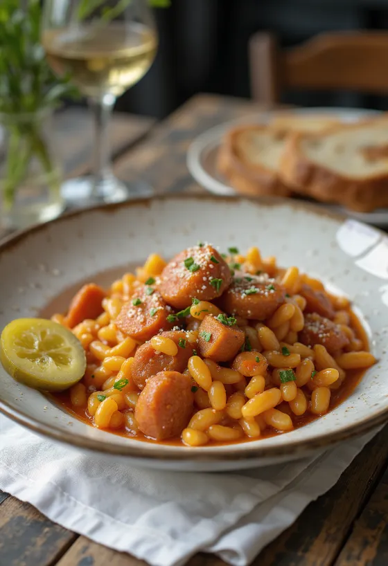 Pásztortarhonya dengan sosis asap dan kentang, ditaburi peterseli segar