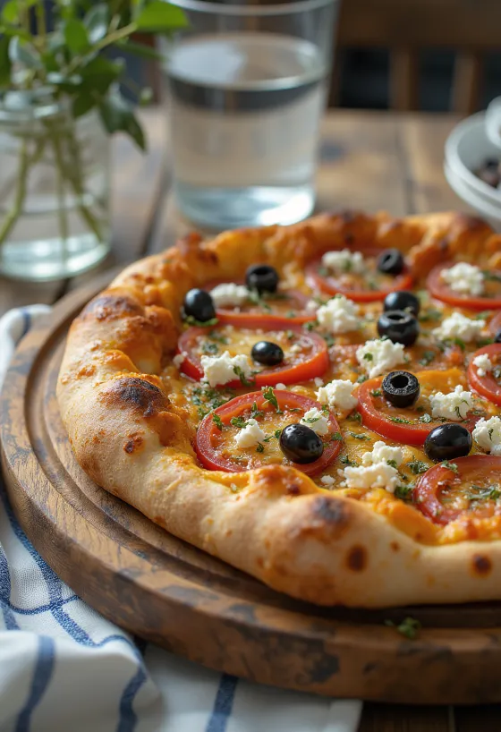 Pizza Greca dengan keju feta, zaitun hitam, dan tomat segar