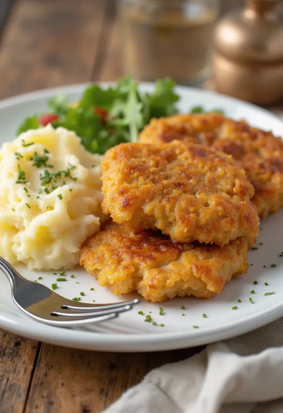 Tenderloin goreng tepung disajikan dengan kentang tumbuk dan peterseli