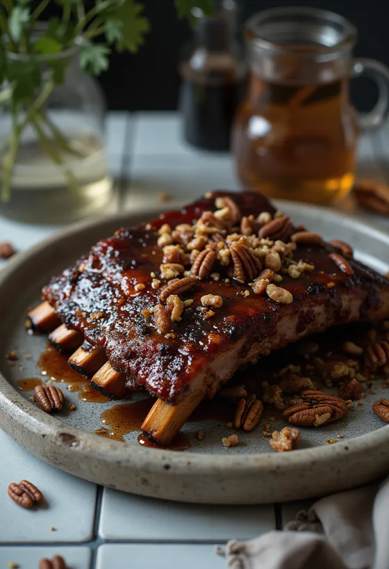 Iga sapi BBQ asap dengan glasir pecan disajikan