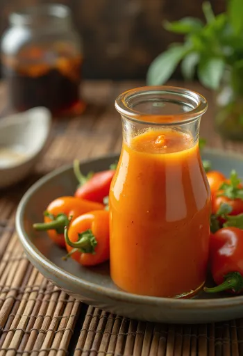 Saus habanero oranye cerah dalam botol