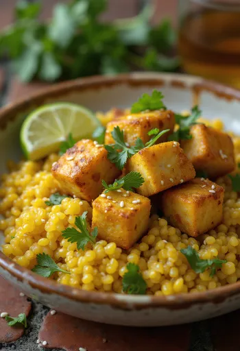 Tahu goreng jeruk nipis dengan dasar quinoa kari