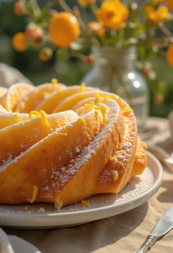Kue Bolu Jeruk dipanggang cokelat keemasan, ditaburi gula halus