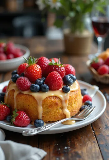 Kue buah musim panas dihiasi dengan buah-buahan segar
