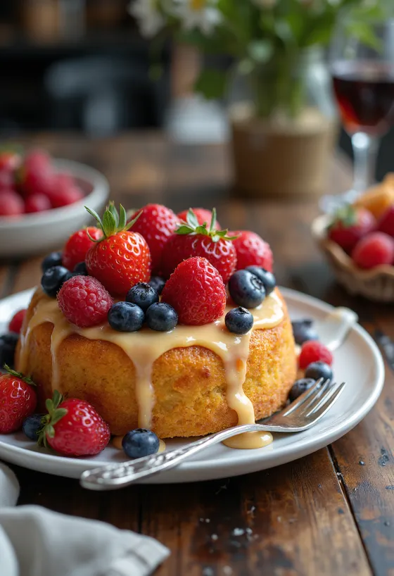 Kue buah musim panas dihiasi dengan buah-buahan segar