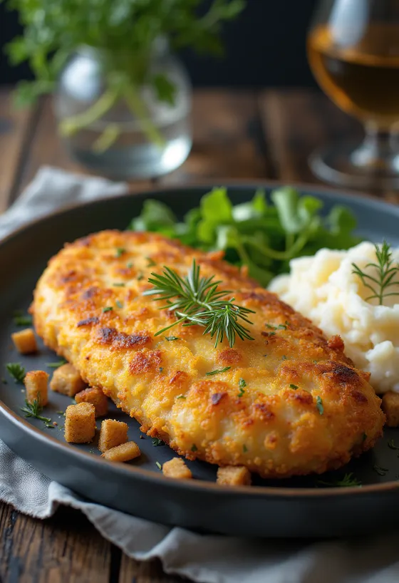 Pozharsky cutlet, patty ayam Rusia dengan mentega dan tepung roti, disajikan dengan kentang tumbuk