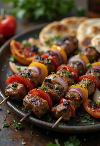 Shish kebab daging panggang dan sayuran di tusuk sate