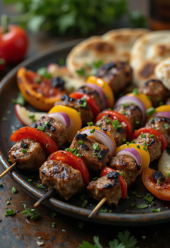 Shish kebab daging panggang dan sayuran di tusuk sate