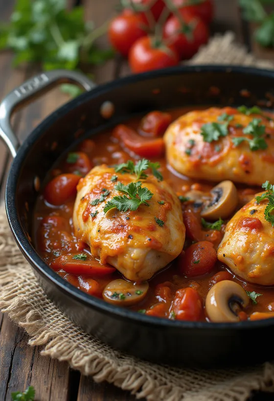 Chicken cacciatore disajikan di wajan dengan sayuran