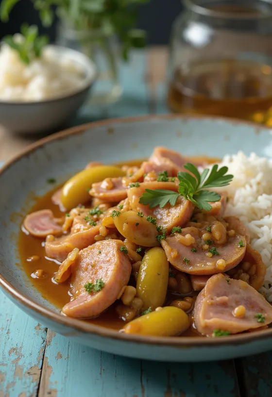 Hentes tokány dengan daging sapi juicy, sosis asap, dan acar mentimun.