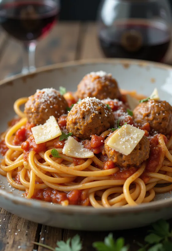 Bola daging dengan spaghetti dalam saus tomat disajikan