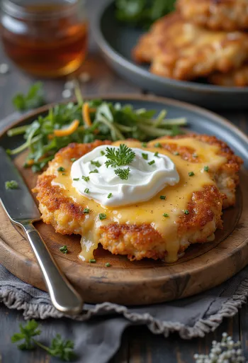 Schnitzel Mátrai goreng renyah, disajikan dengan parutan kentang dan krim asam.