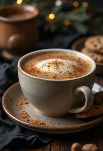 Gingerbread latte hangat disajikan dalam gelas dengan krim kocok