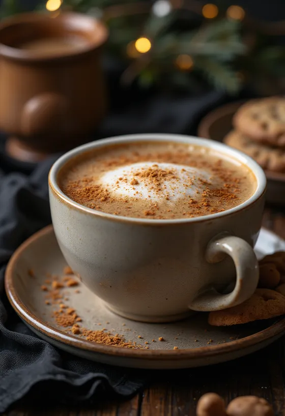 Gingerbread latte hangat disajikan dalam gelas dengan krim kocok