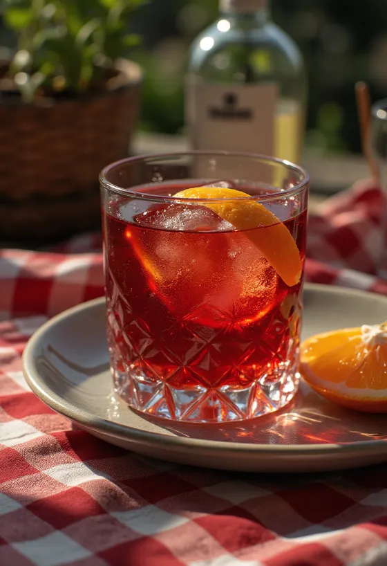 Koktail Negroni dihiasi dengan irisan jeruk