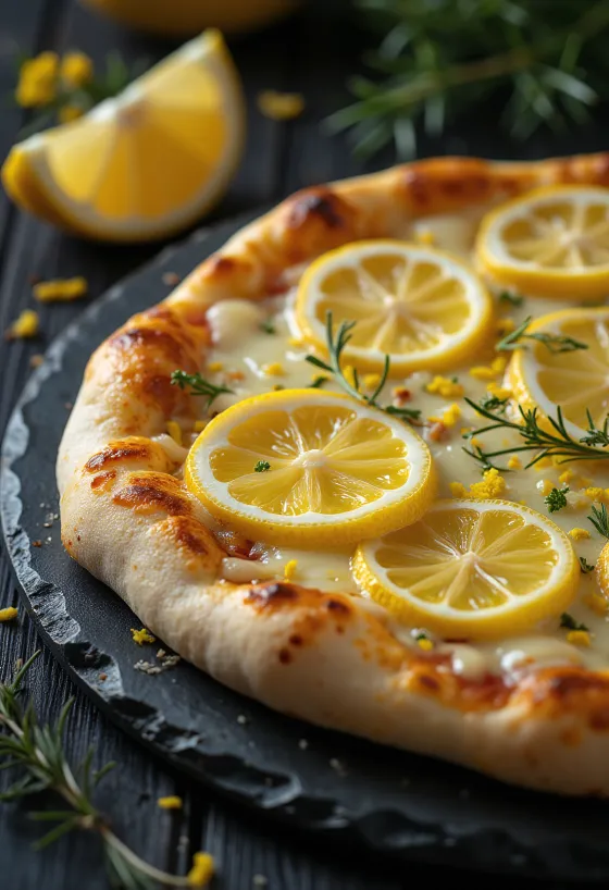 Pizza al Limone dengan irisan lemon dan rosemary