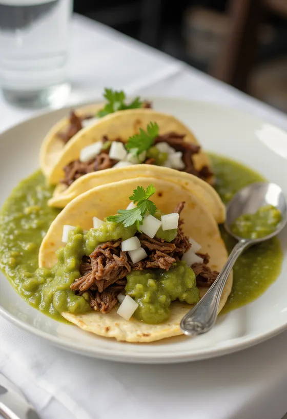 Tacos de res con salsa verde disajikan