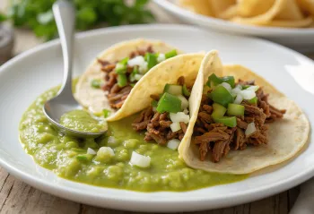 Tacos de res con salsa verde disajikan