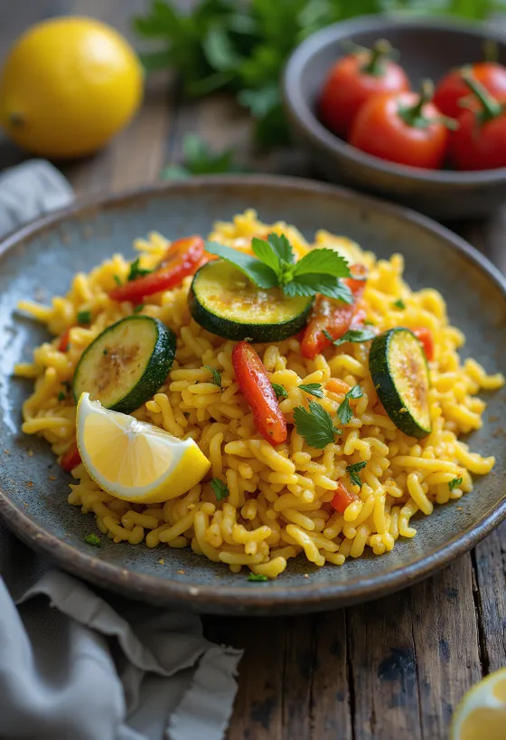 Paella vegan dengan sayuran disajikan