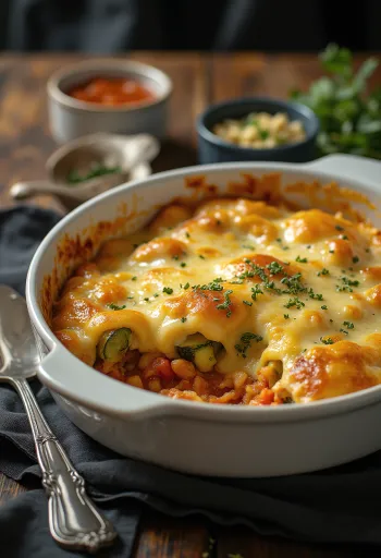 Casserole zucchini vegan dengan saus tomat