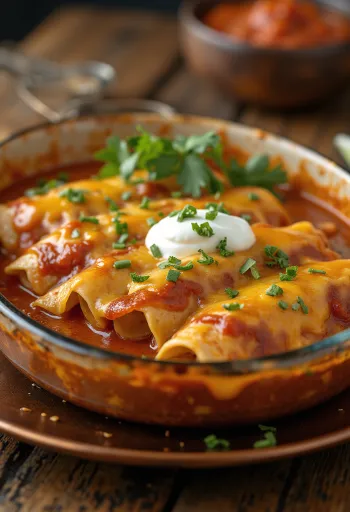 Chicken enchiladas dengan topping keju leleh dan hiasan krim asam serta ketumbar