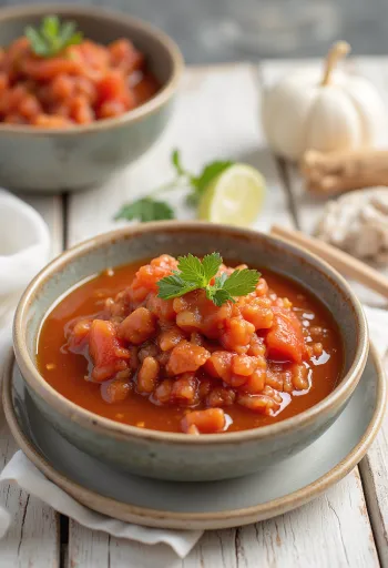 Saus jahe tomat asam manis dalam mangkuk, disajikan dengan jahe segar dan sayuran panggang.