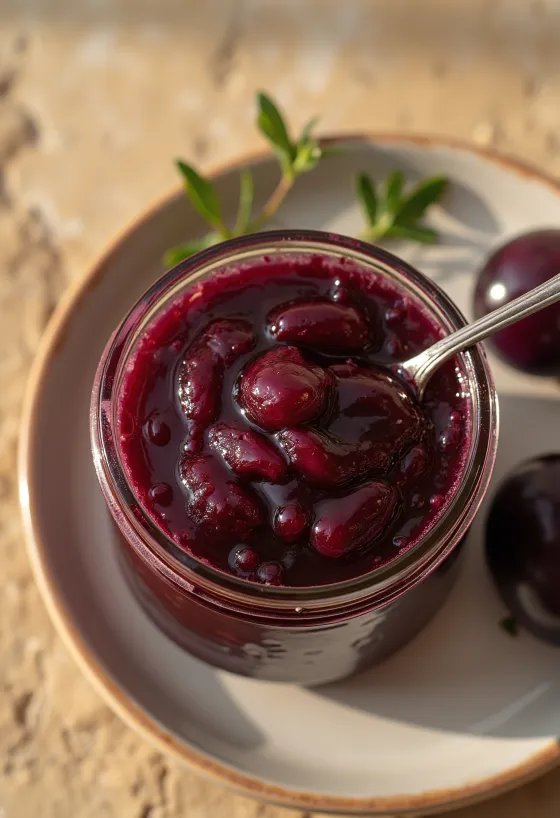 Saus plum asam manis disajikan dengan daging panggang