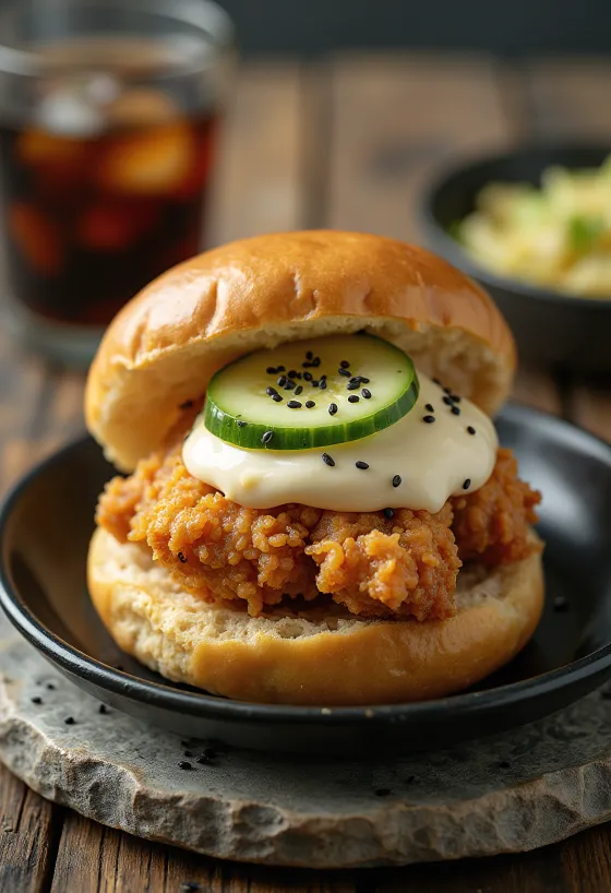 Fried Chicken Bao dengan dada ayam renyah dan mentimun