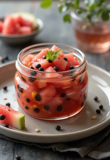 Biji semangka acar pedas disajikan dalam toples