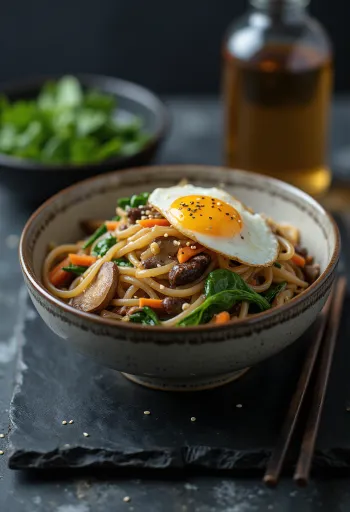 Japchae disajikan, dengan mie ubi jalar, daging sapi, dan sayuran