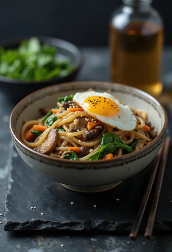 Japchae disajikan, dengan mie ubi jalar, daging sapi, dan sayuran