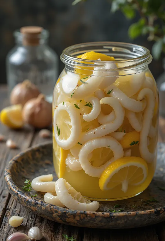Cumi-cumi acar dalam toples dengan lemon dan rempah-rempah