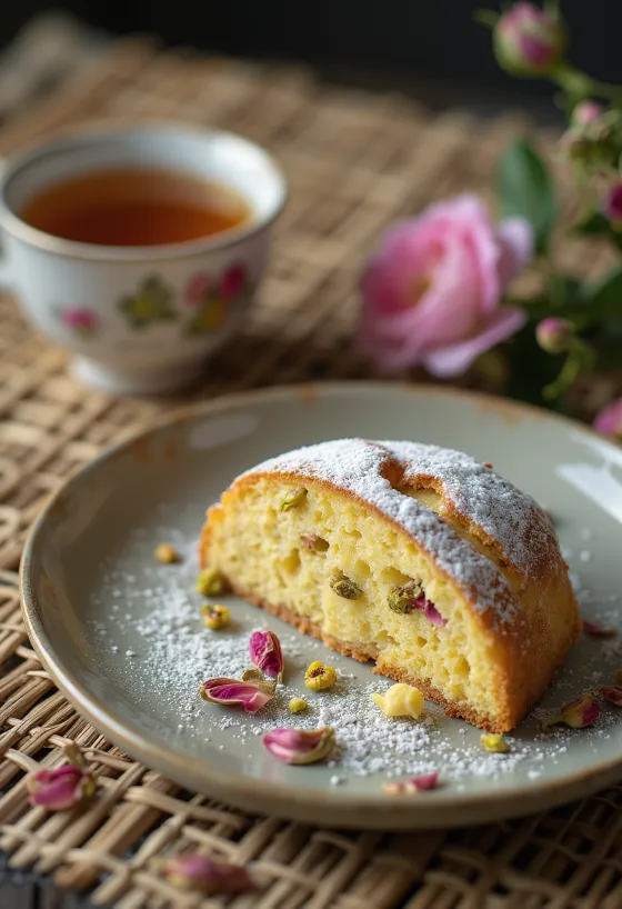 Stollen pistachio & air mawar diiris, ditaburi gula halus