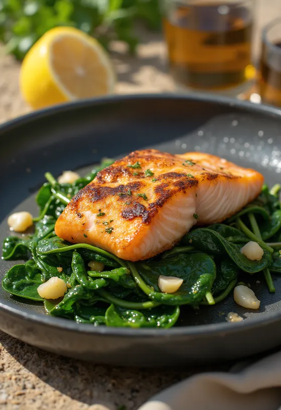 Salmon panggang dengan bayam bawang putih disajikan